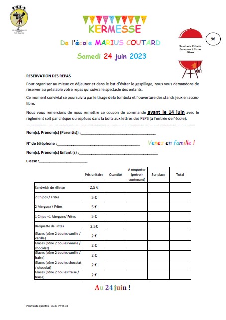 Samedi 24 juin 2023 Kermesse de l’école Marius Coutard – Possibilité de réserver les repas