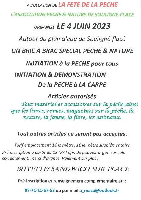 Bric à brac spécial « Pêche et Nature » le dimanche 4 juin 2023 de 8h00 à 18h00 à Souligné-Flacé