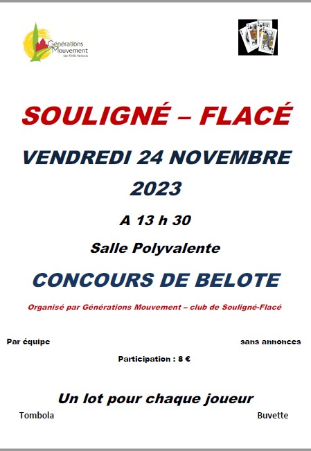 Concours de belote à Souligné-Flacé le vendredi 24 novembre 2023 à 13h30 salle polyvalente